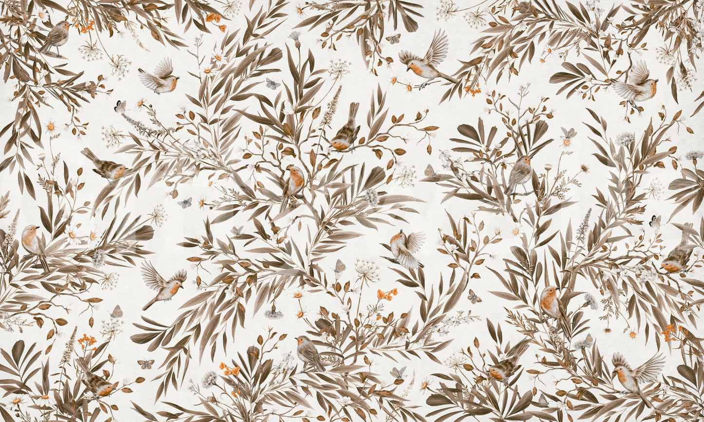 Oiseaux et Fleurs : Fresque Murale Sérénité Sépia
