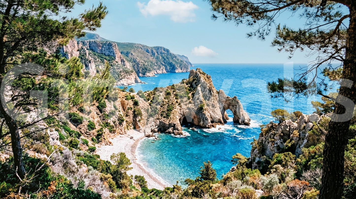 静かな海岸のアーチ道の壁画