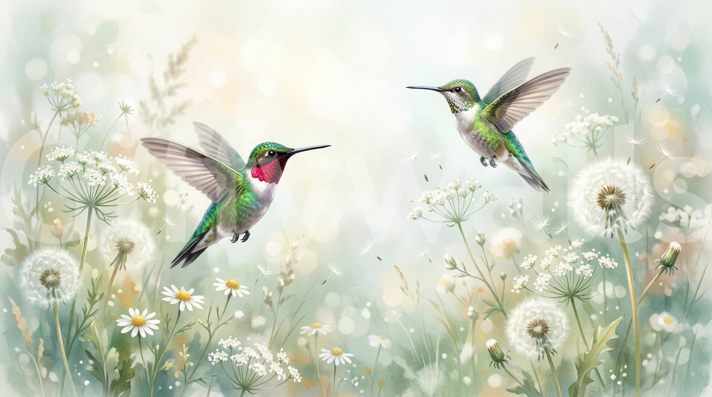 Close-up of a vivid hummingbird amidst soft wildflowers in the Serene Meadow Hum & Bloom wall mural.