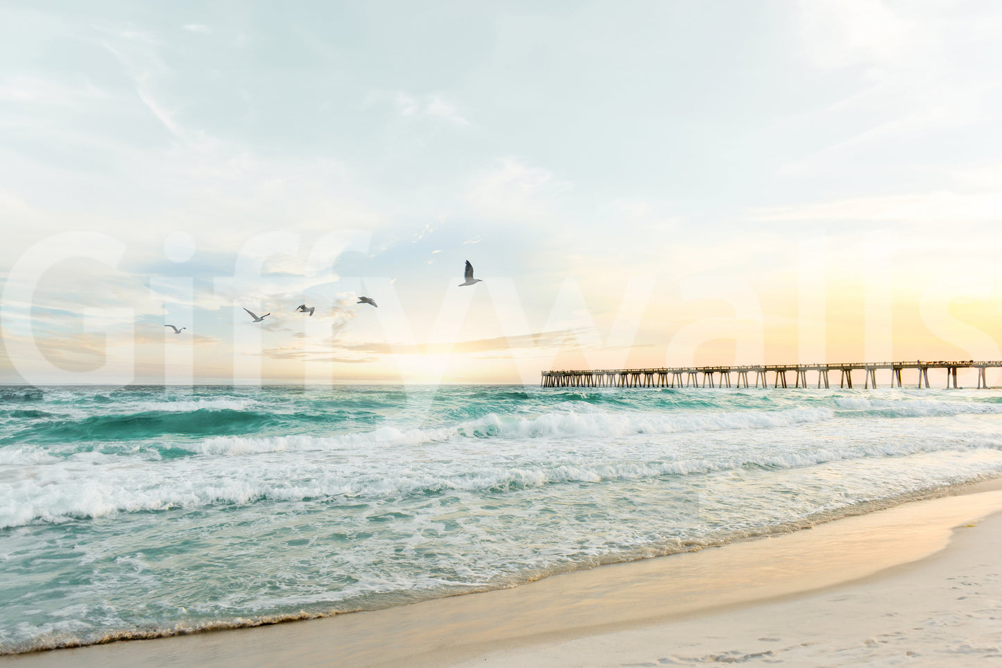 Sunset seascape design in Serene Sunset mural for tranquil decor.