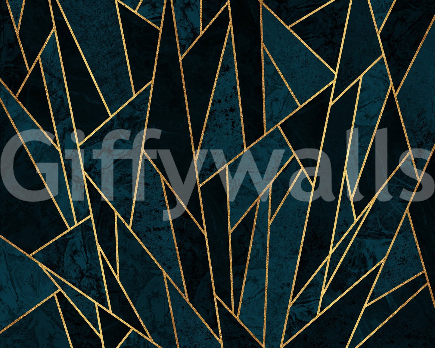 Shattered mosaic mural with deep blue tones and gold accents