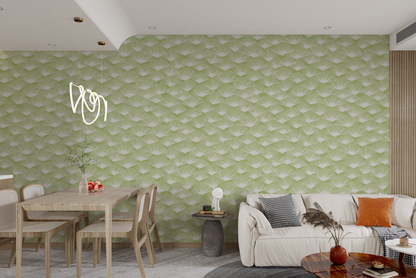 Warm Tropical Sage wallpaper with elegant fan motifs.