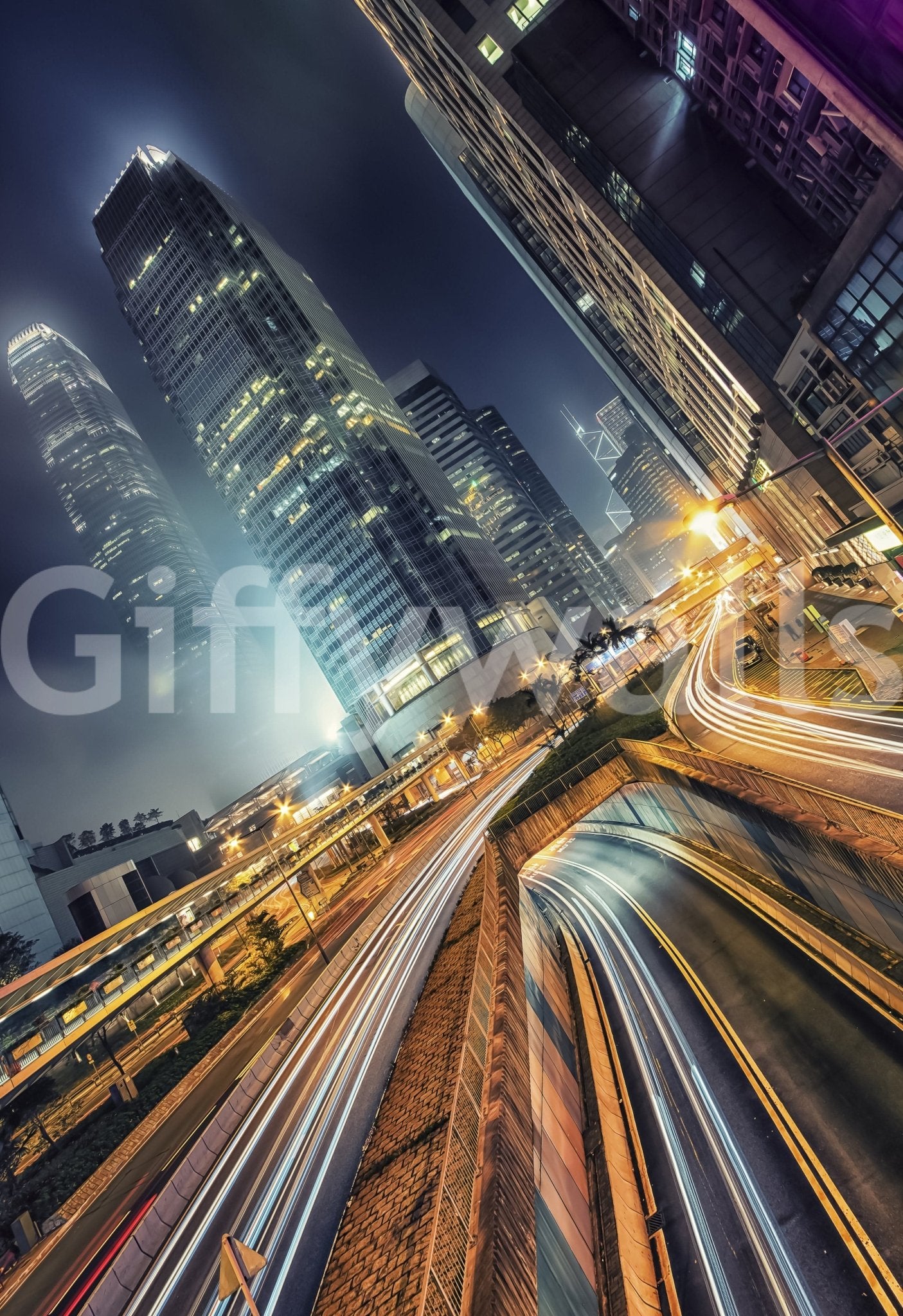 Architectural Skyline Velocity mural vertical high-rise city scene print.