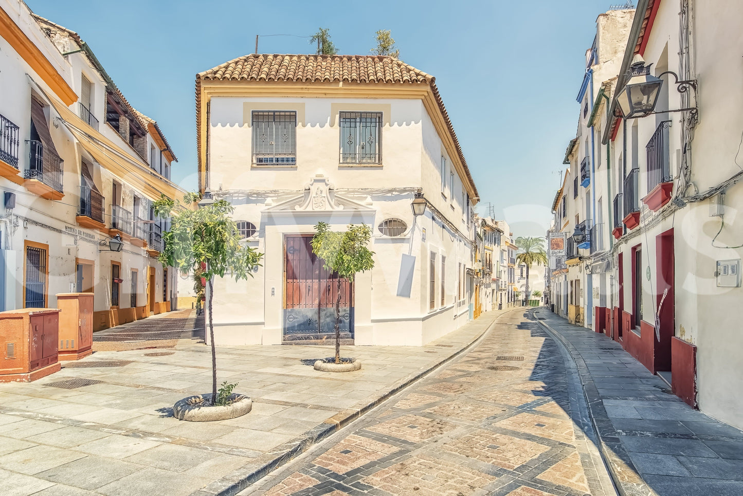 Scenic courtyard view Spanish Street Charm wallpaper mural art.