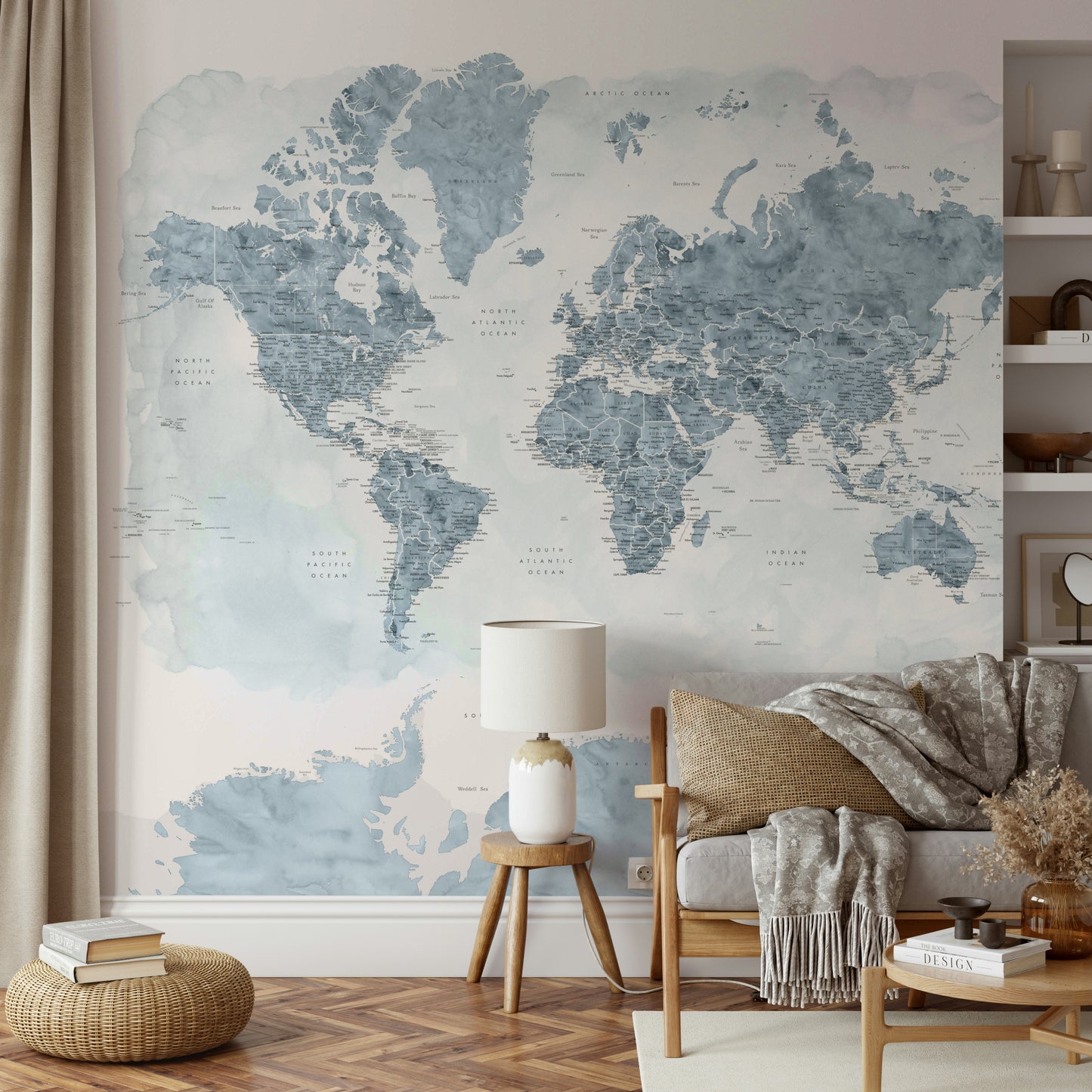 Steel Blue Watercolor World Map Wallpaper