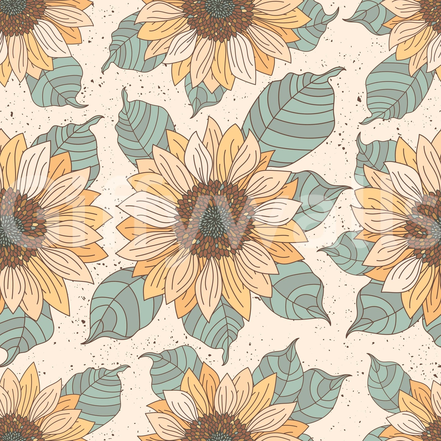 Rustic sunflower wallpaper with warm petals, teal leaves, and fine speckled background details.