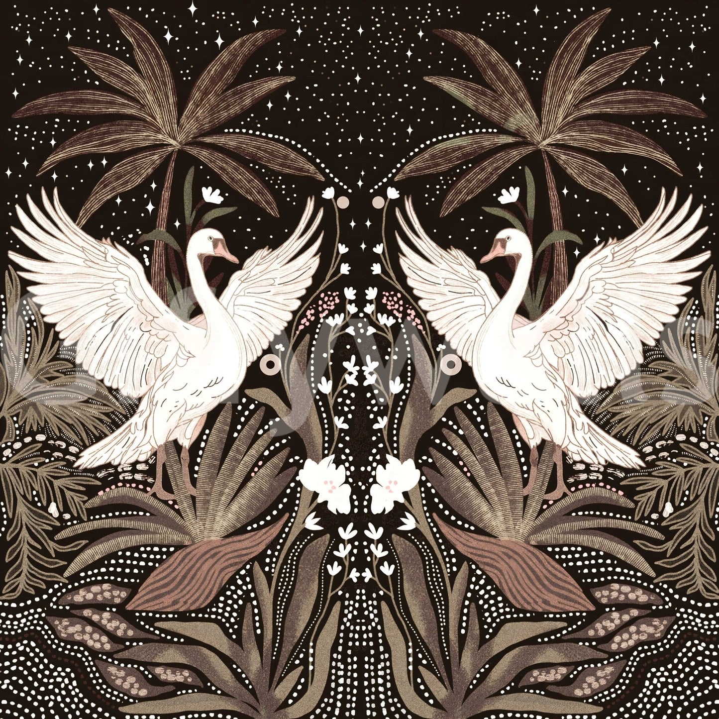 Elegant swans fantasy Swan Nightfall Serenity wall design.
