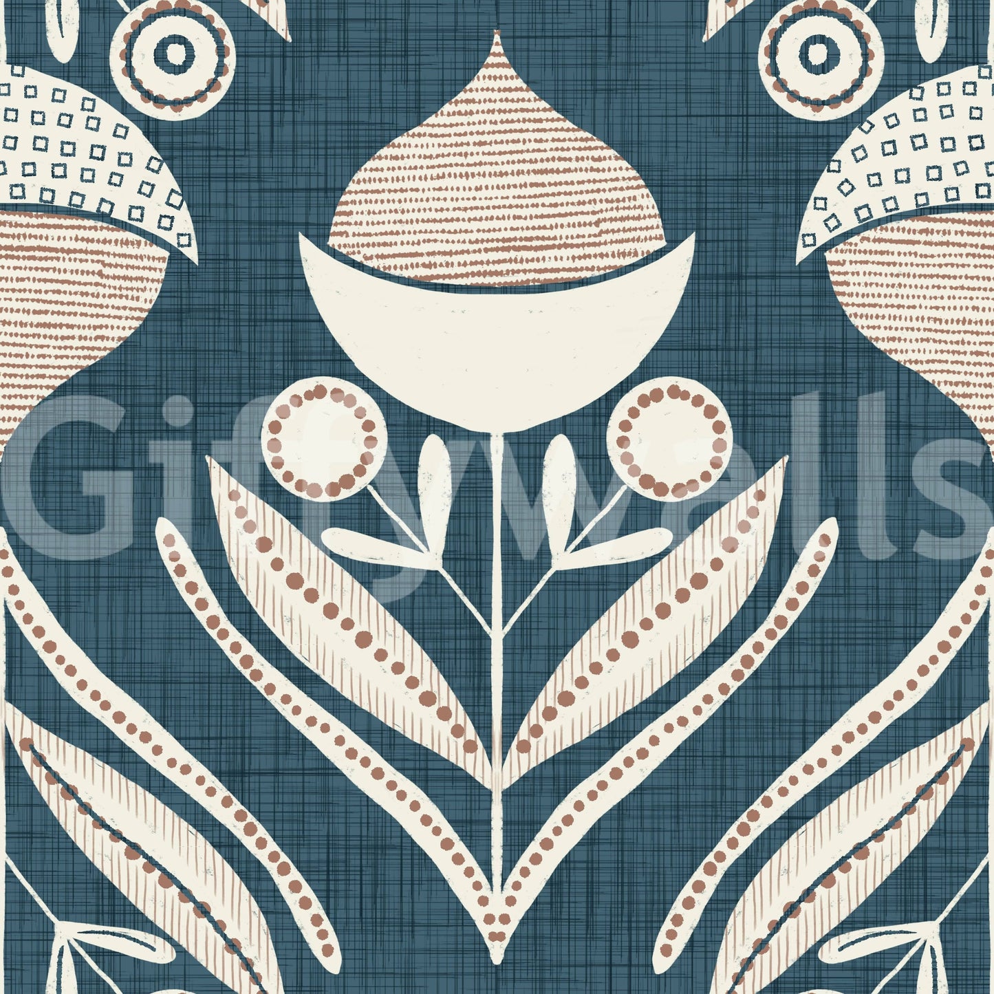 Decorative wallpaper with repeating geometric flowers, small buds, and sweeping leaf forms.