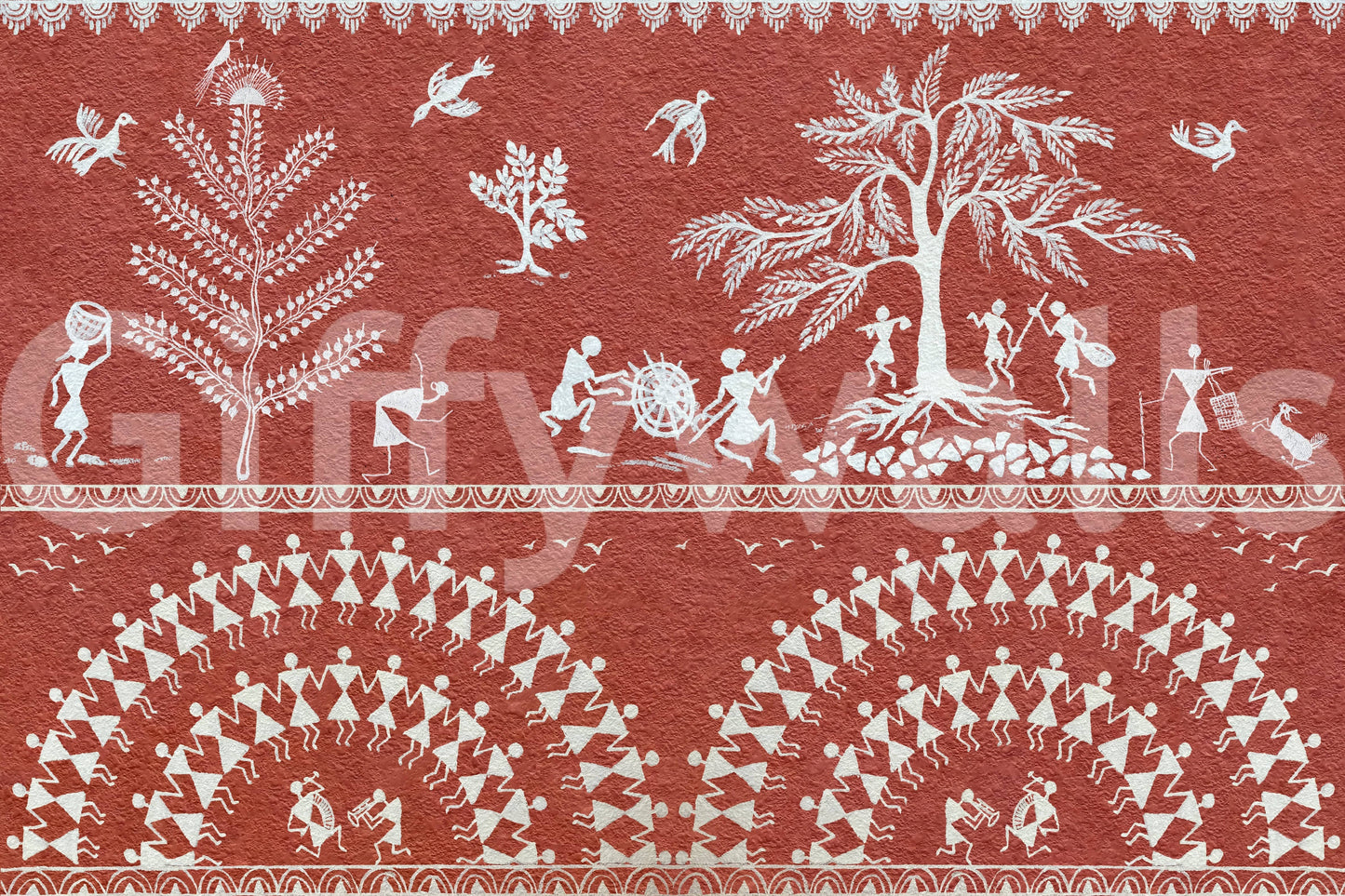 Durable vinyl Terracotta Tribe mural for a high-traffic hallway area.