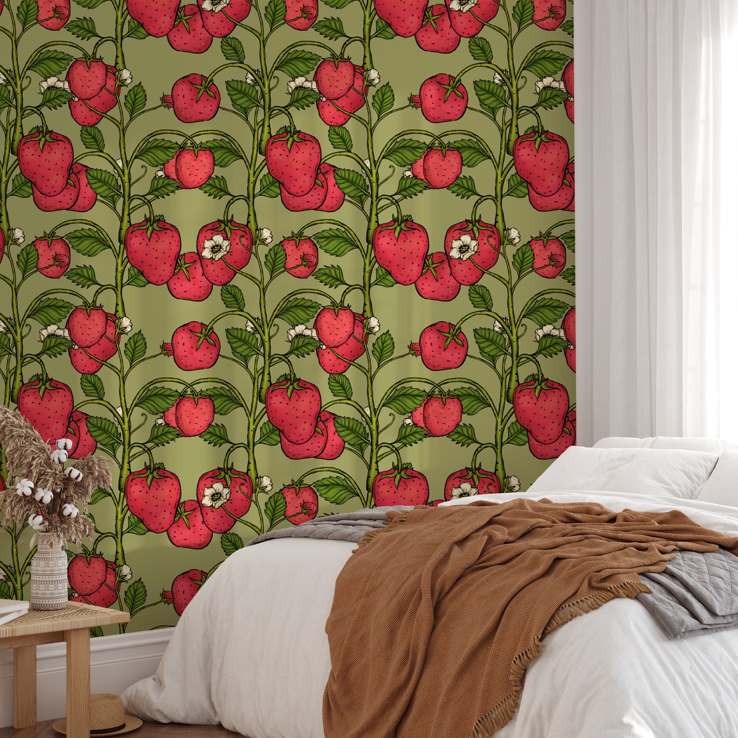 Soft pink trailing strawberries with lush green wallpaper accents.