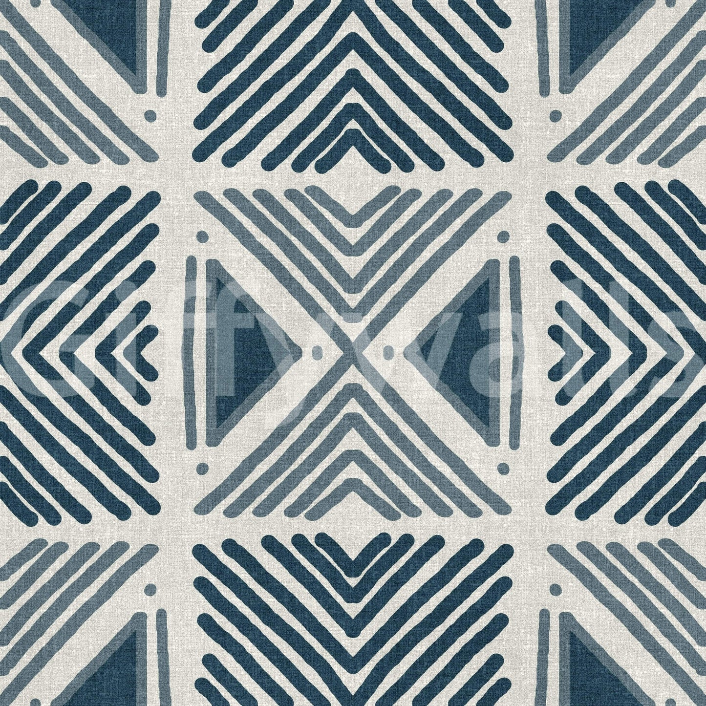 Textured look wallpaper with navy tribal shapes for a sophisticated sitting room.