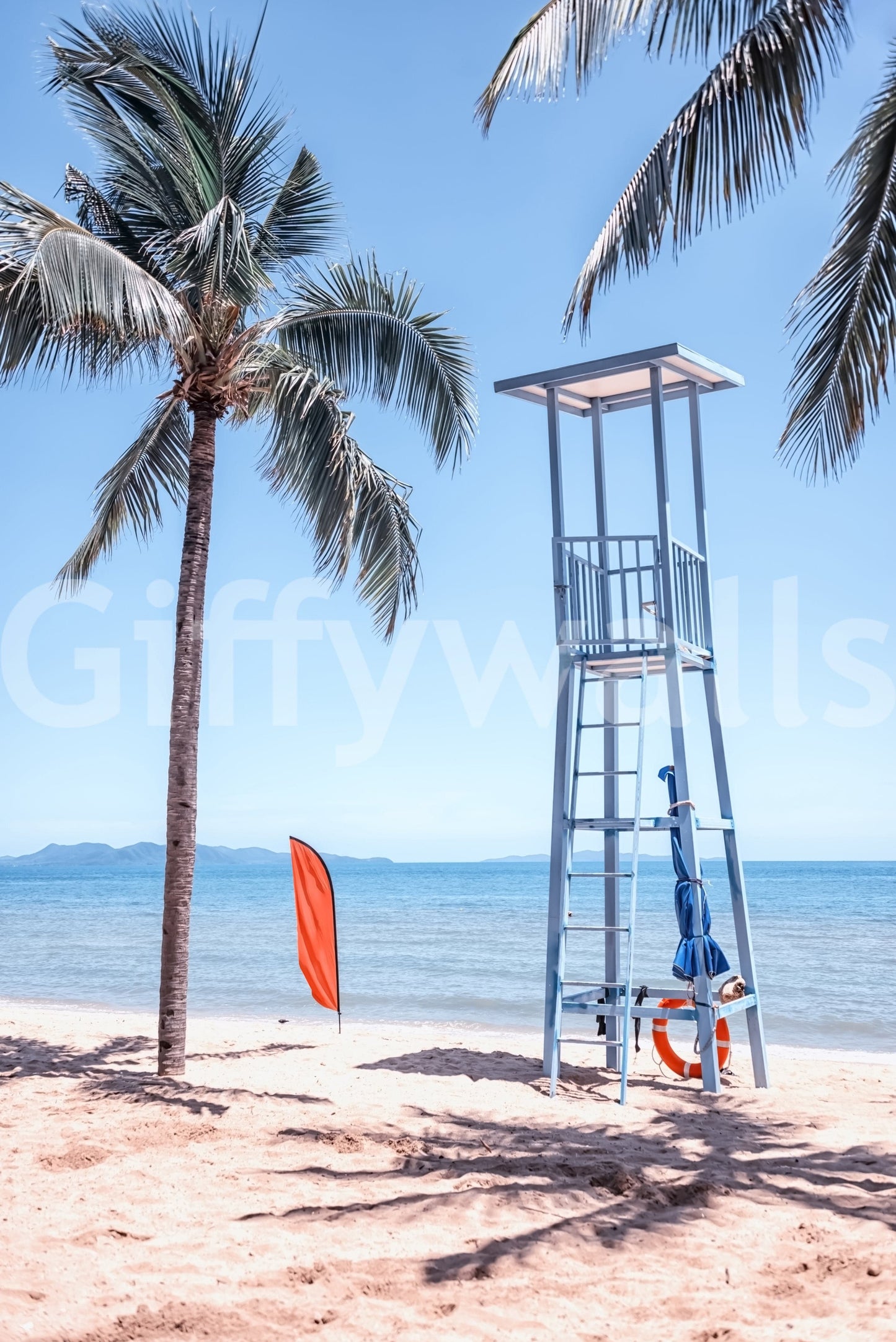 Lifeguard's View wall mural in study, tidy coastal backdrop for work zone
