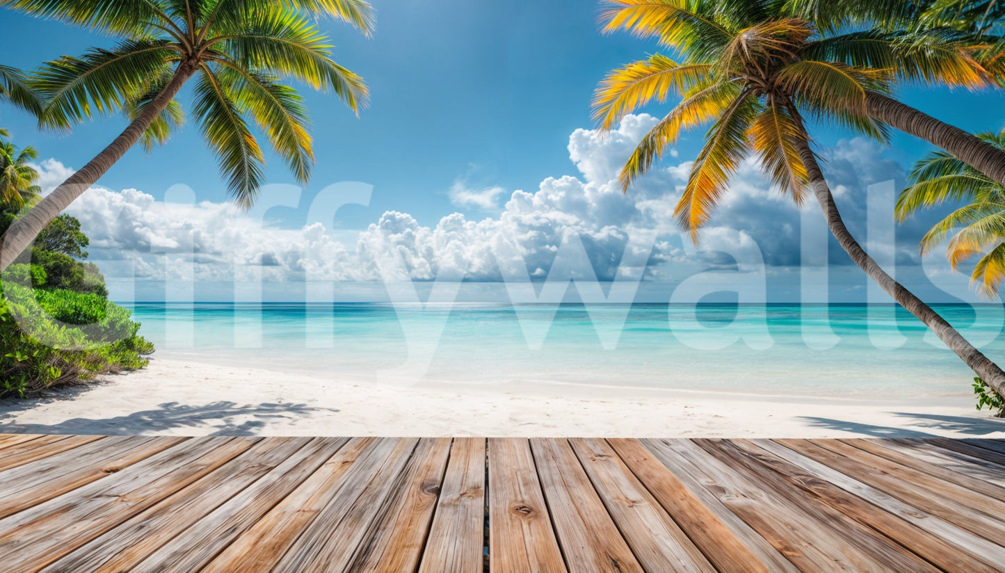 Muurschildering met uitzicht op een tropisch strand