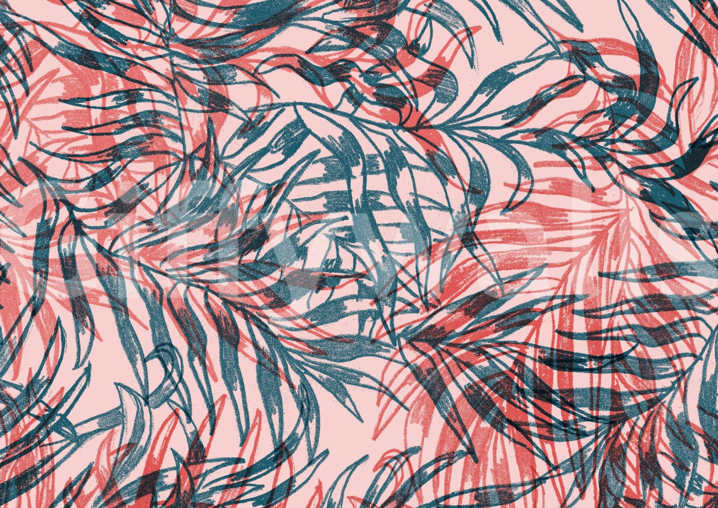 Wall mural with red and teal foliage design