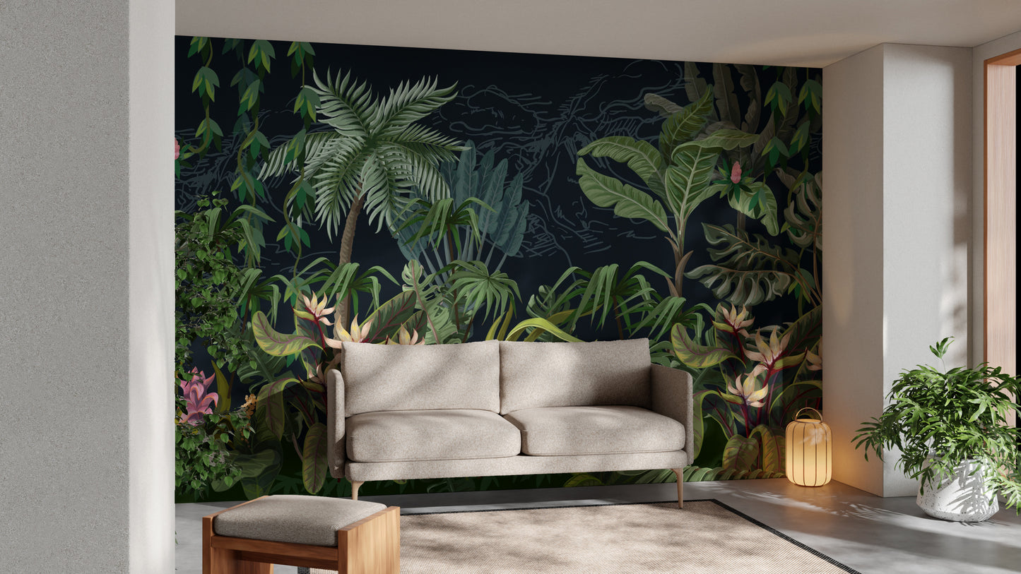 Dense forest wallpaper for a bold tropical statement