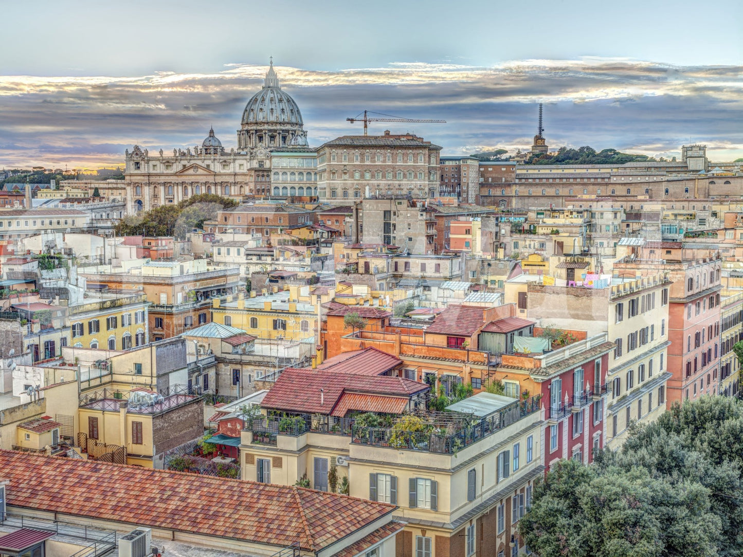 Rooftop view of Vatican City mural with domed basilica
