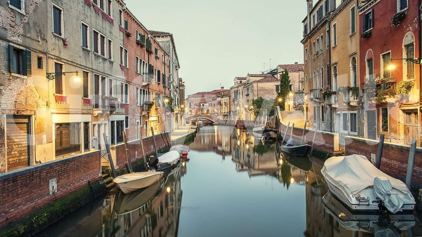 Ambient lighting reflecting on canal water, Venetian Canal Dreams wall poster.