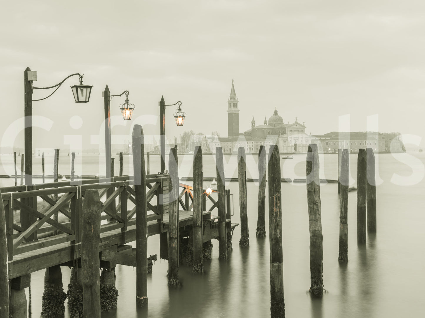 Wood pier structure, dark posts, Quiet Waterside Reflection home decor.