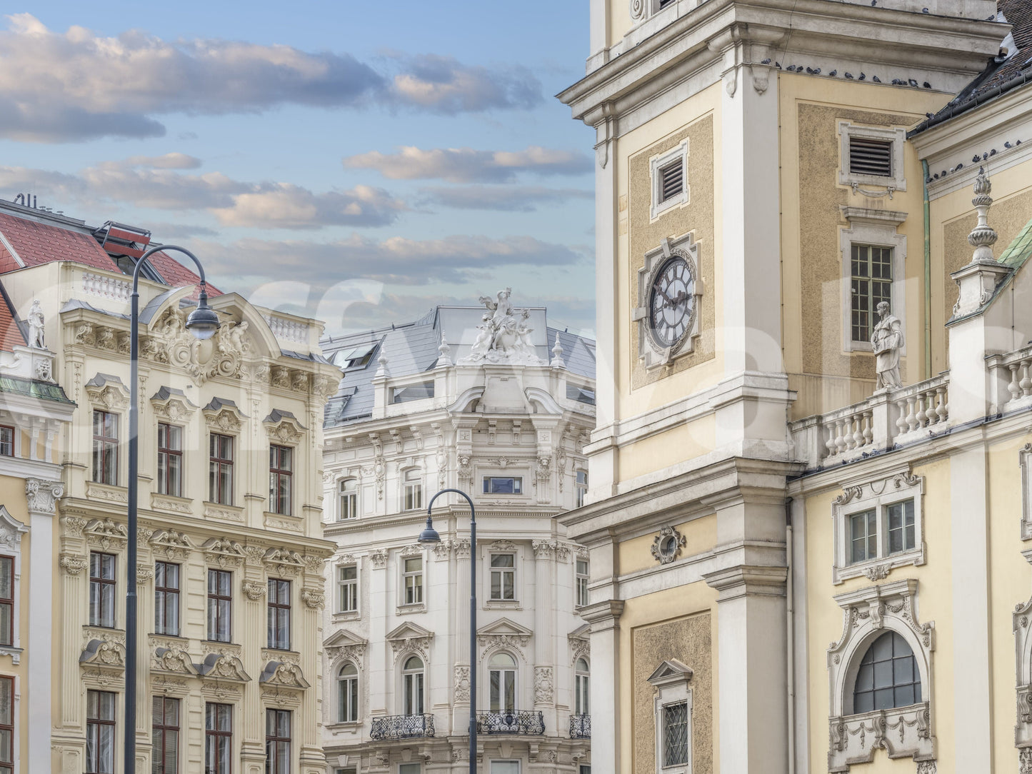 Vienna façade mural in entryway, European city style, soft color and texture feel