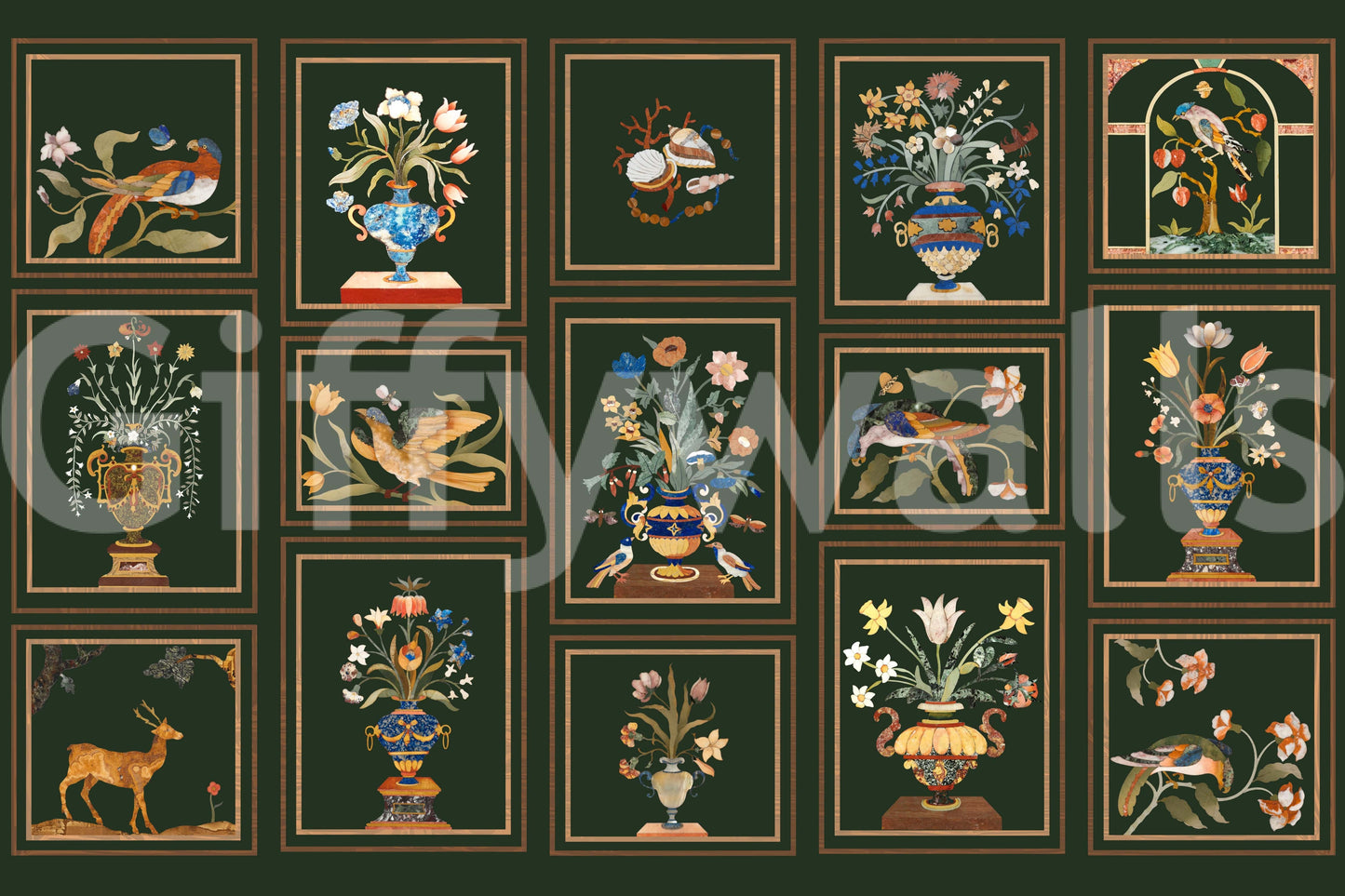 Sitting area feature wall with floral panel mural, structured wall styling and soft colours