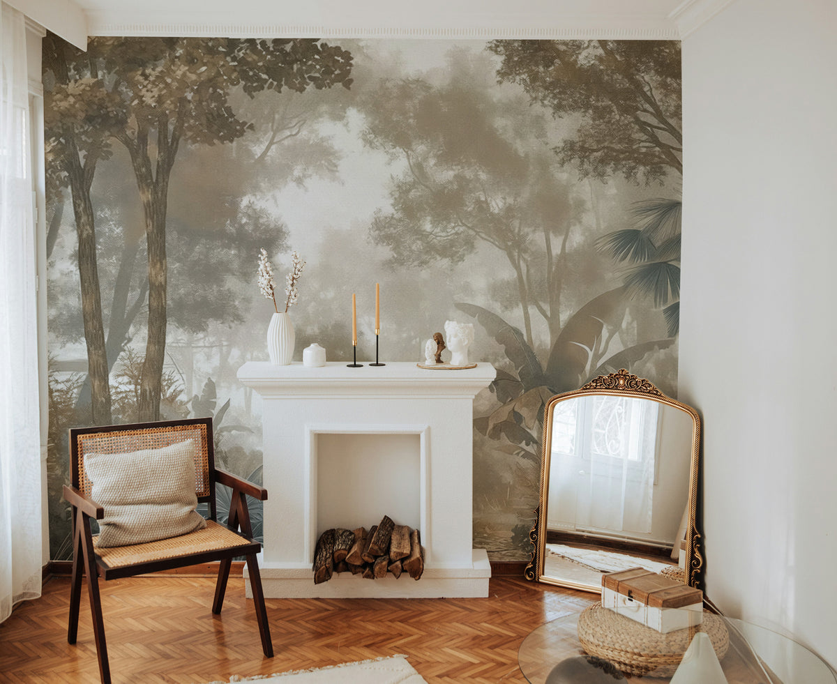 Jungle wallpaper mural with dense foliage and foggy background