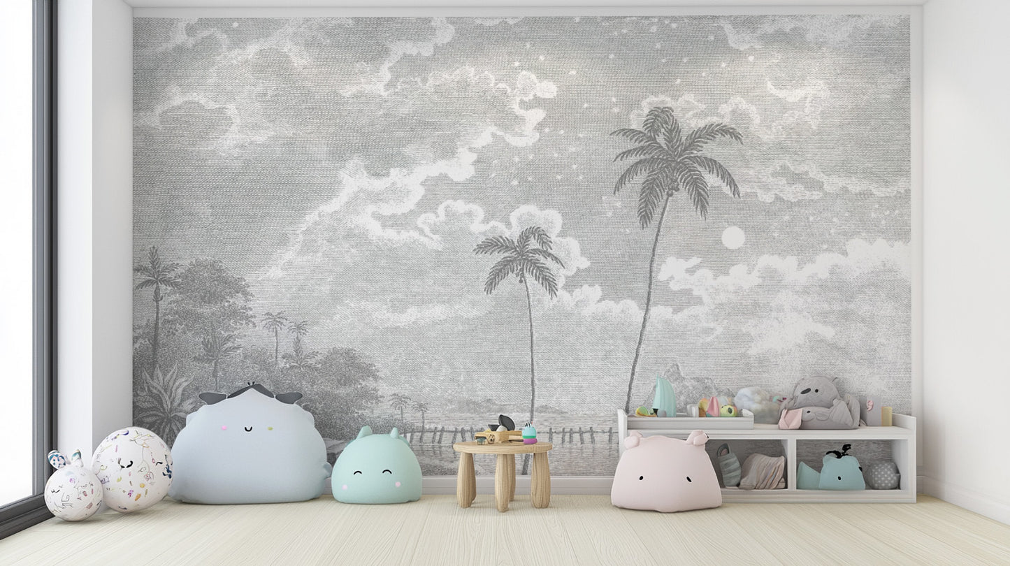 Artistic ocean landscape with moonlight and palm trees