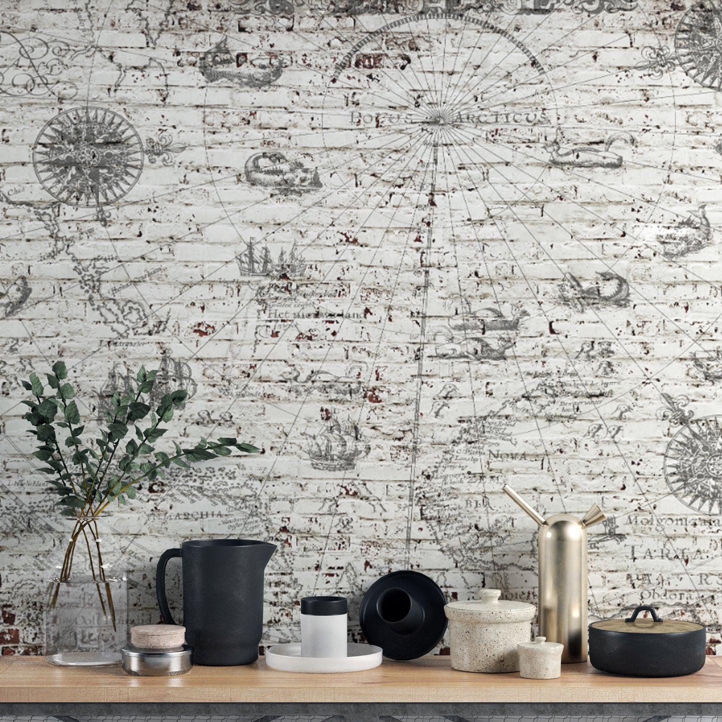 Compass rose and sailing ships on vintage map wallpaper