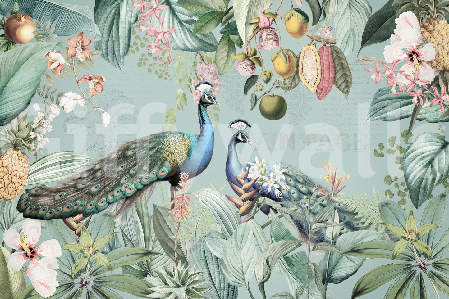 Tropical wallpaper mural with vintage elements and vibrant flowers