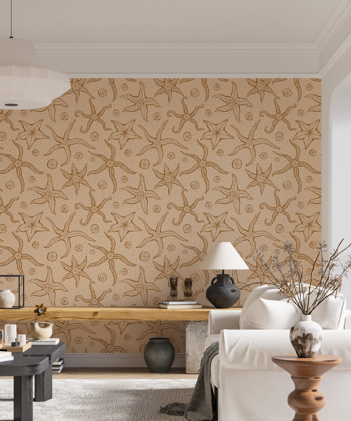 Sophisticated echinoderms wallpaper in warm brown for modern decor.