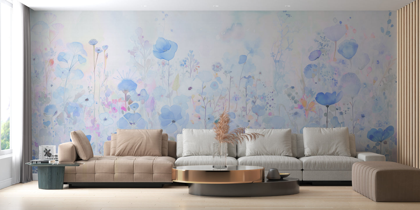 Bring happiness to your home with watercolor happy flowers blue wallpaper.