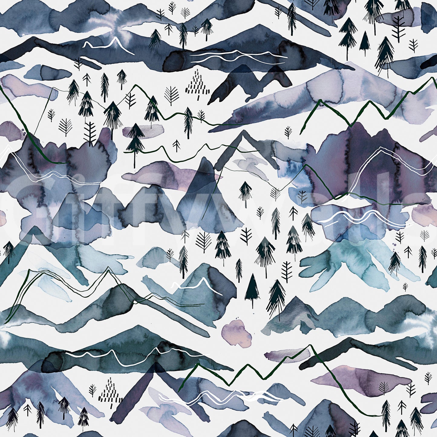 Cool-toned scenic wallpaper with blue and mauve mountains.