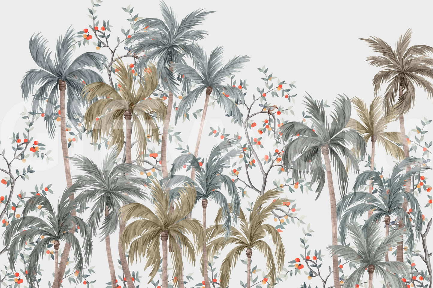 Watercolor Palms Wall Mural in a stylish flat lounge with velvet chairs.