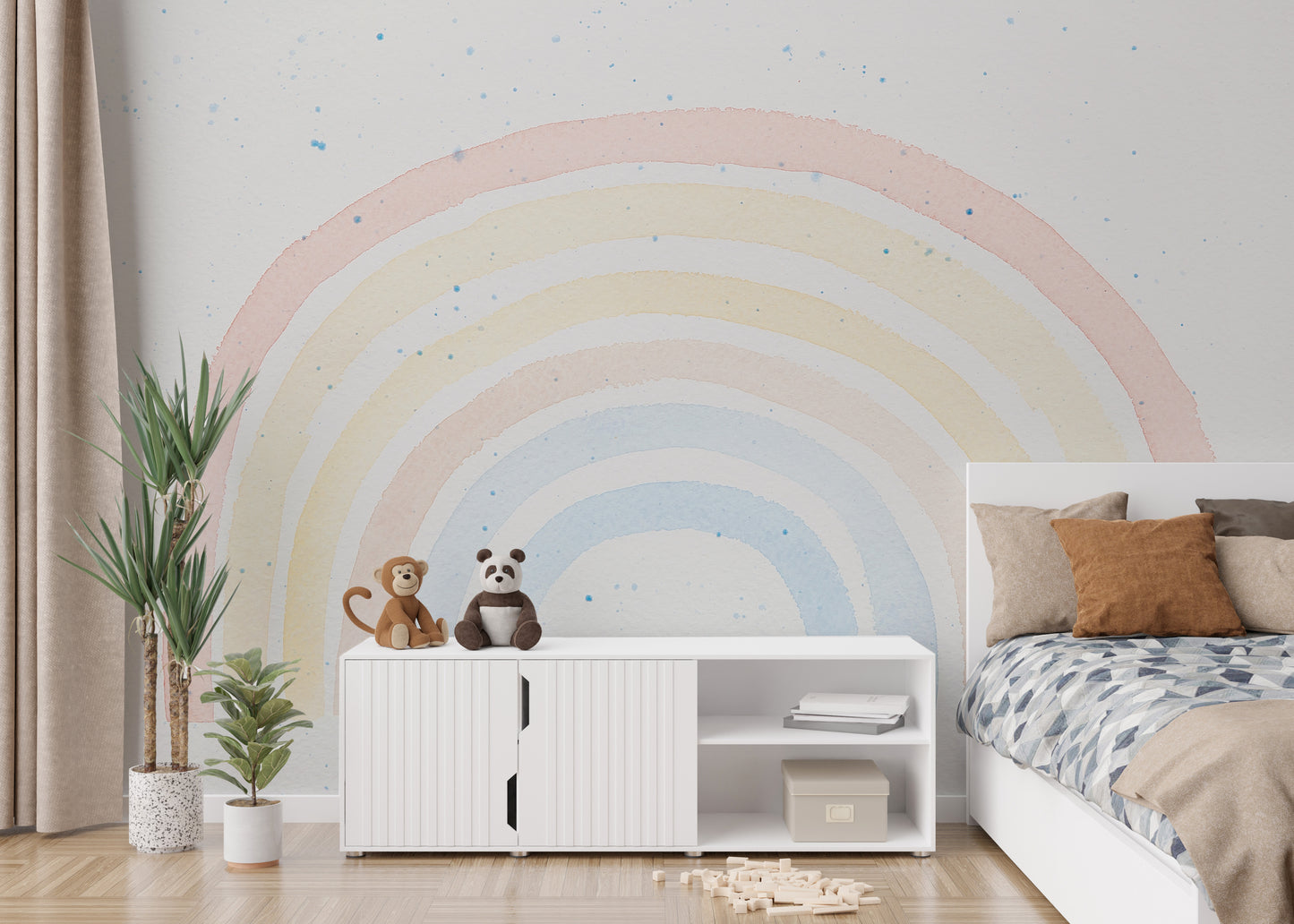 Vibrant watercolor rainbow wall art mural