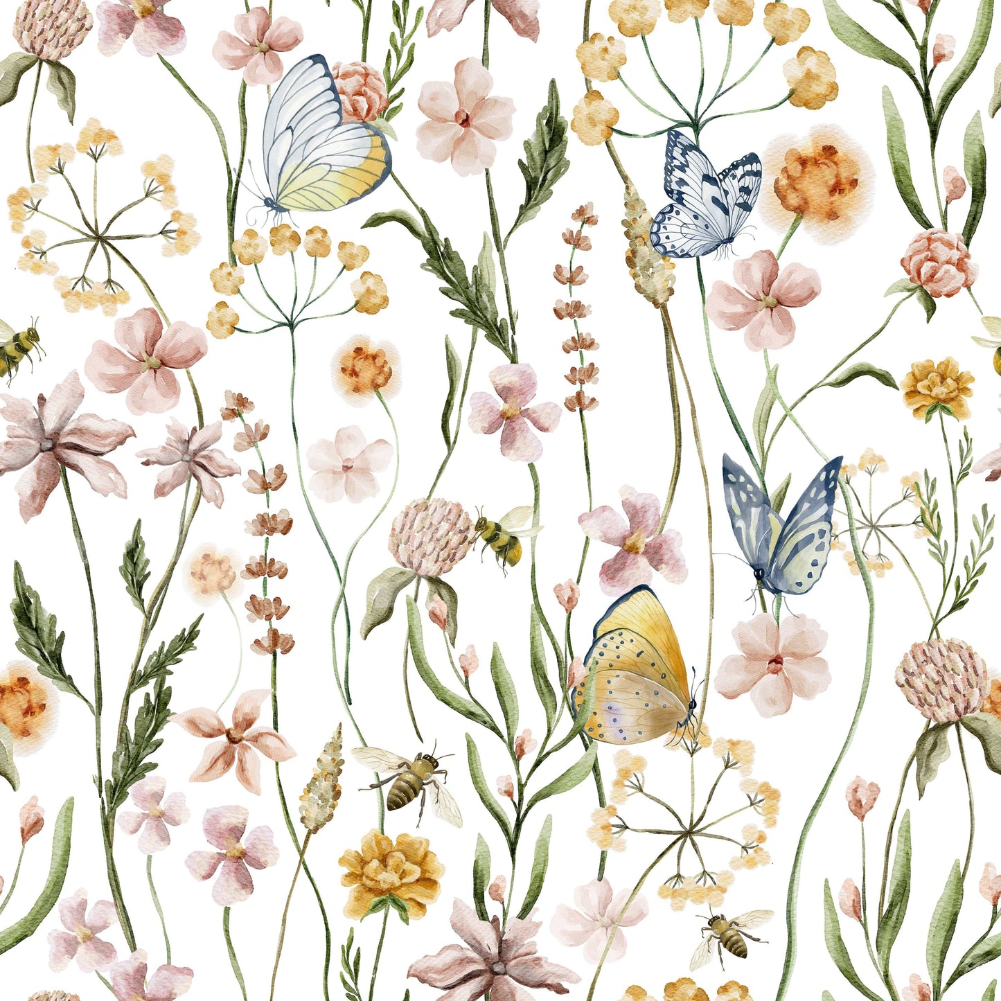 Designer Wildflower Whispers mural, artistic illustration of flora and fauna.