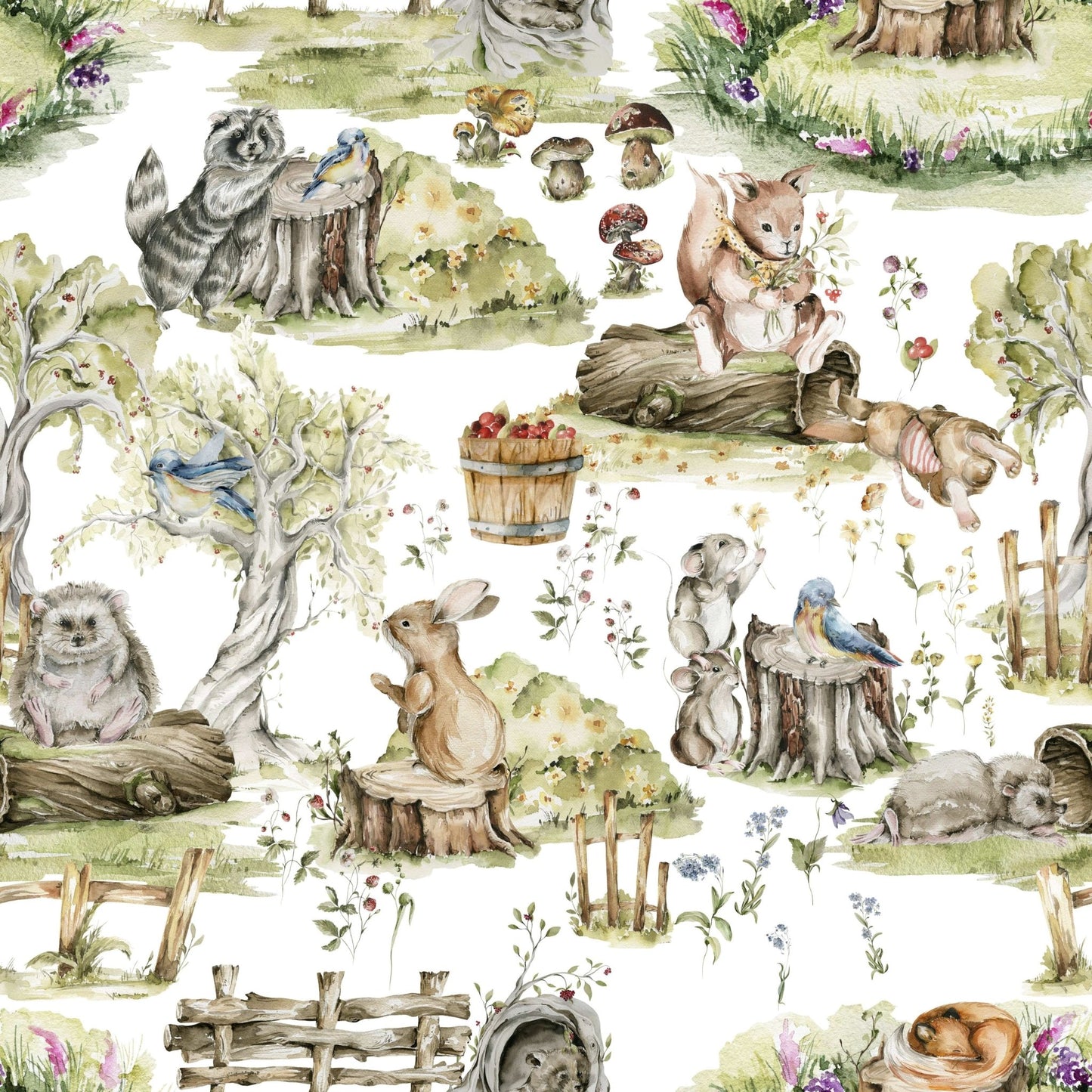 Watercolor Woods: Adorable baby animals in a sunny meadow wallpaper.