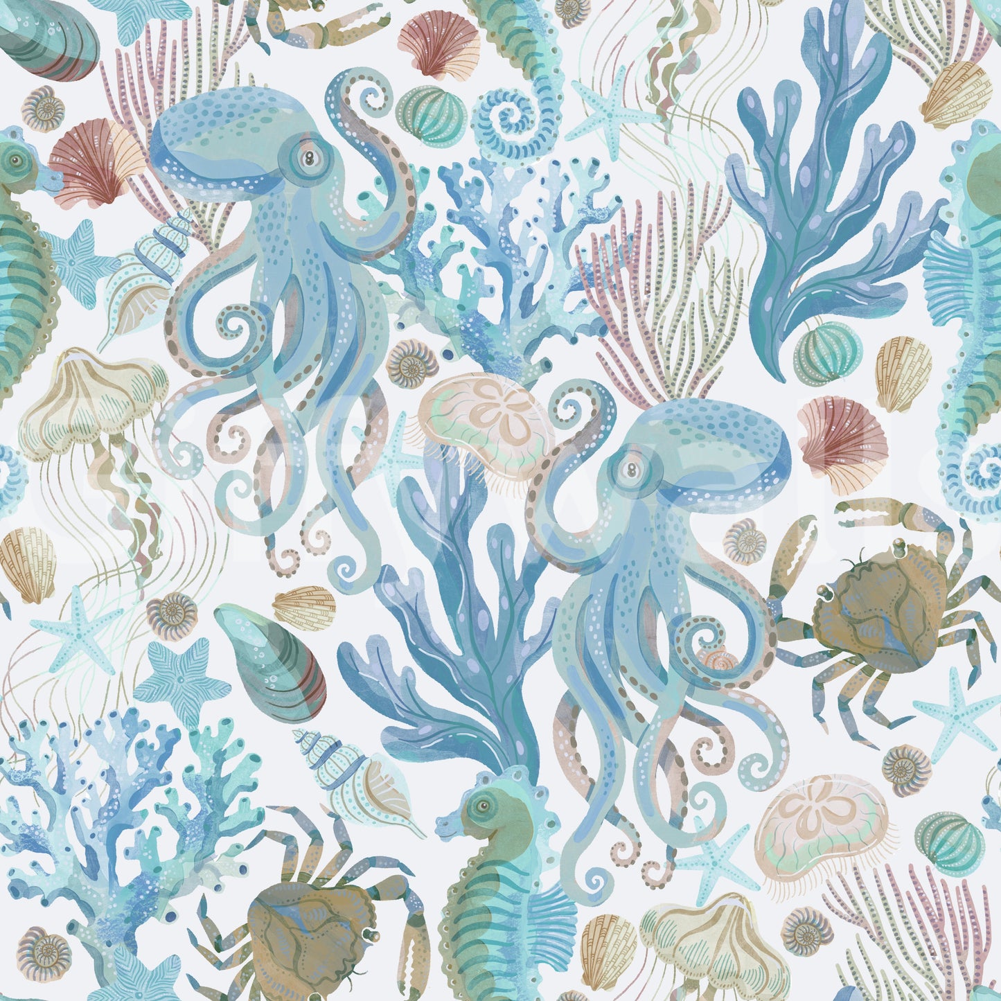 Aqua Coastal Cabin Sea Creatures Wallpaper