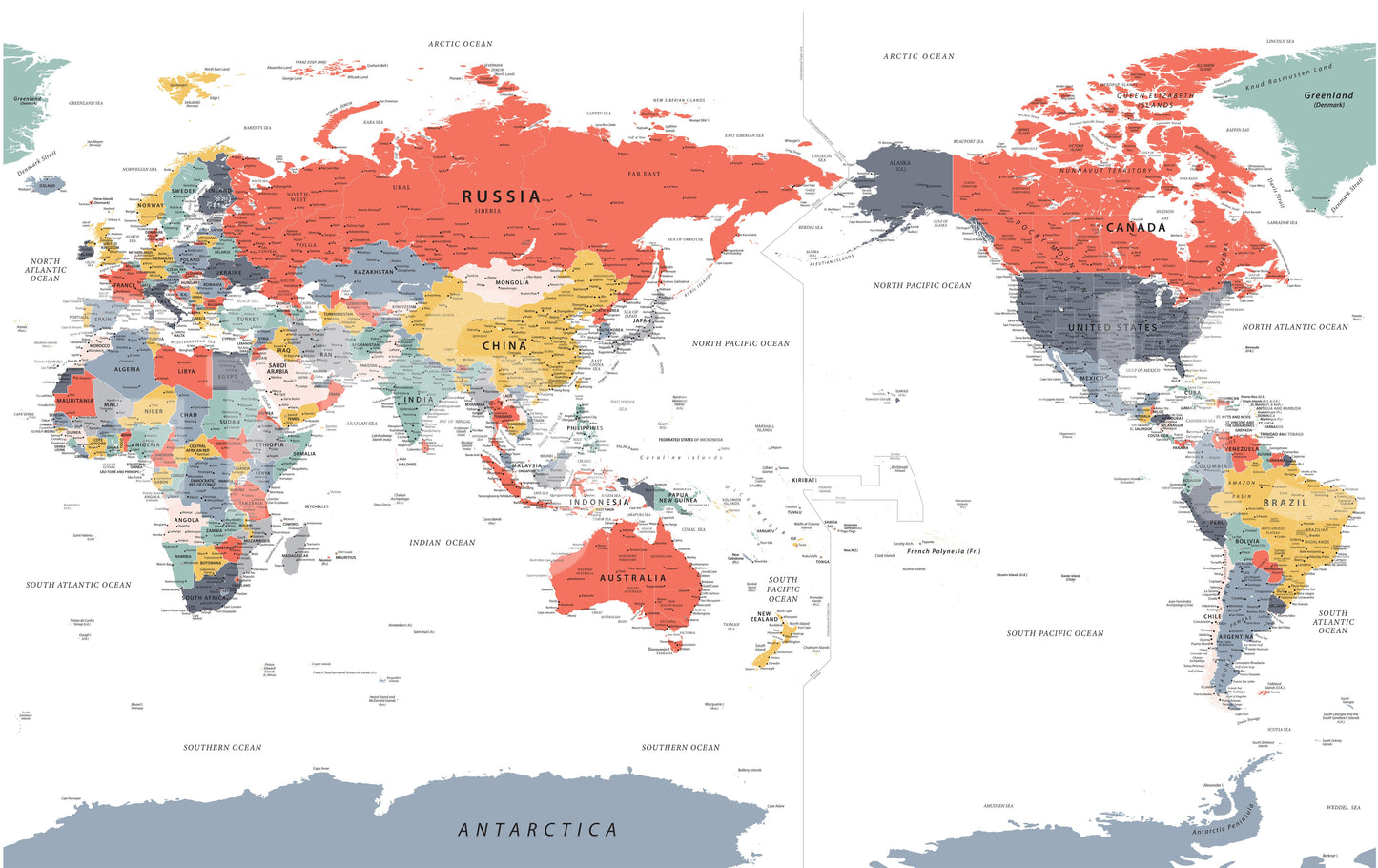 Pacific Centred World Map in Happy Colours Wall Mural