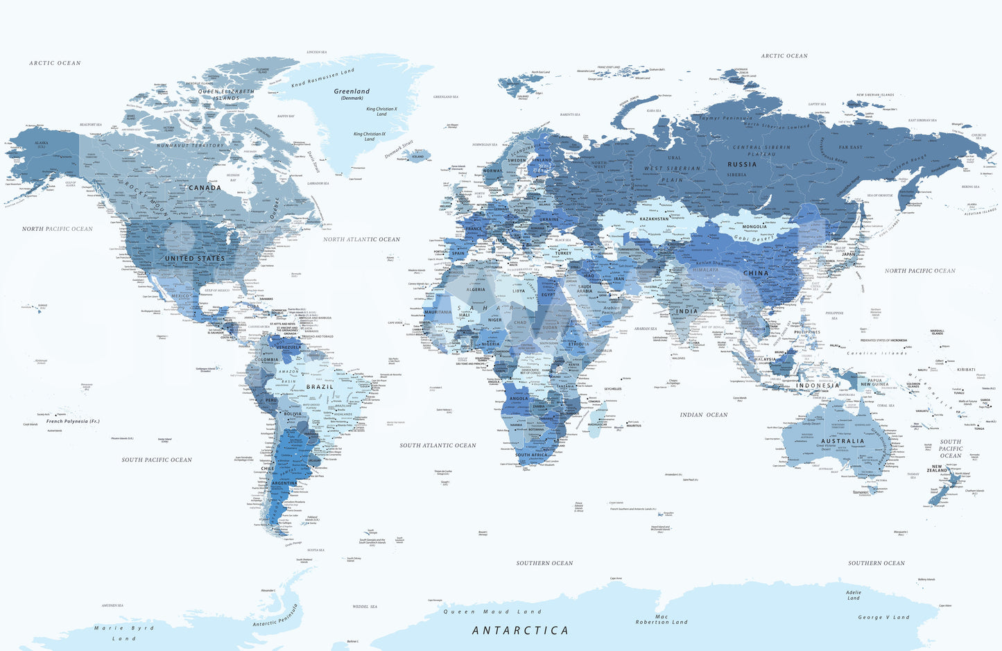 Highly Detailed World Map in Blue Wall Mural