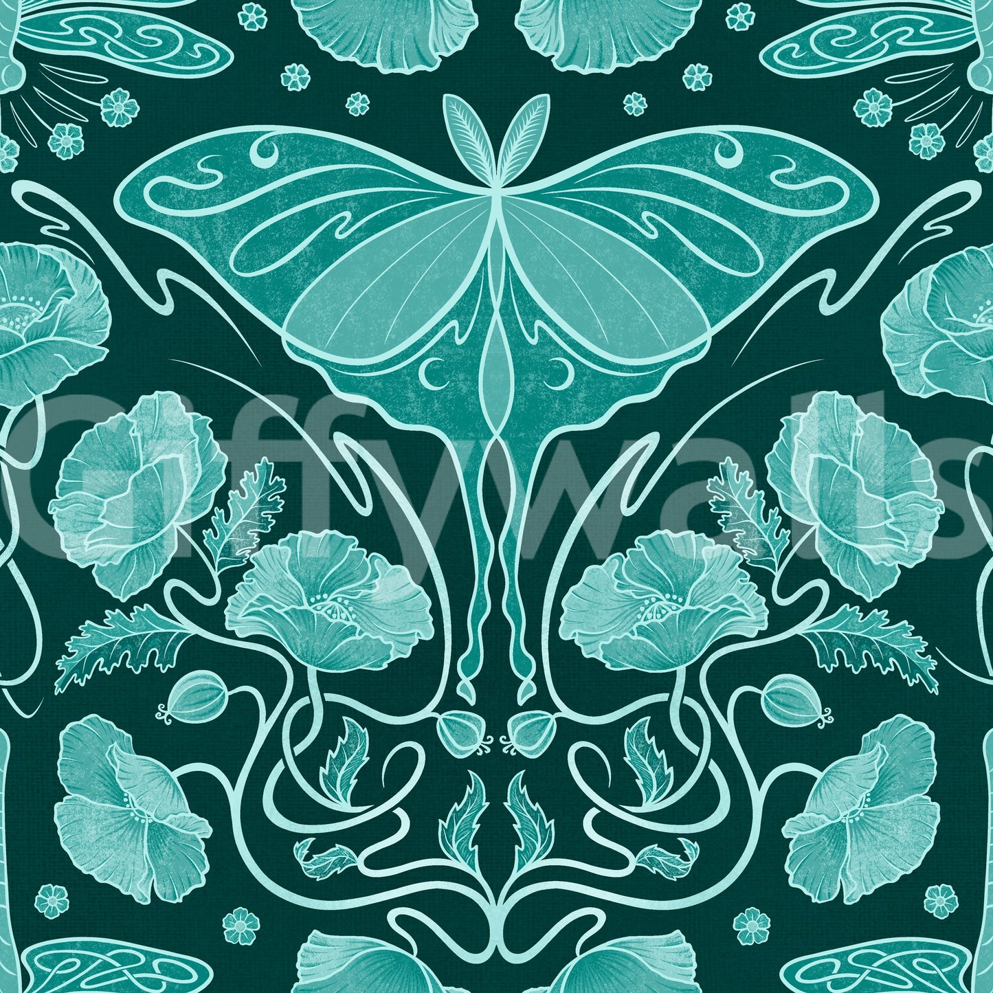 Art Nouveau Poppies & Luna Moth Teal tapet