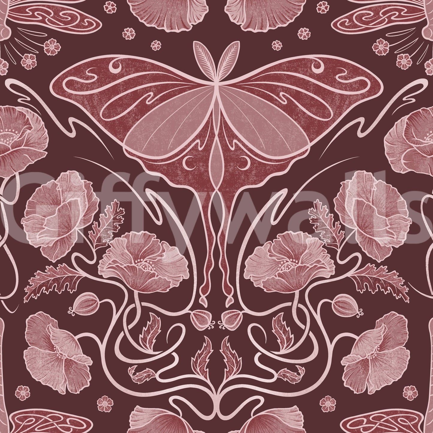 Art Nouveau Poppies & Luna Moth Crimson tapet tapet