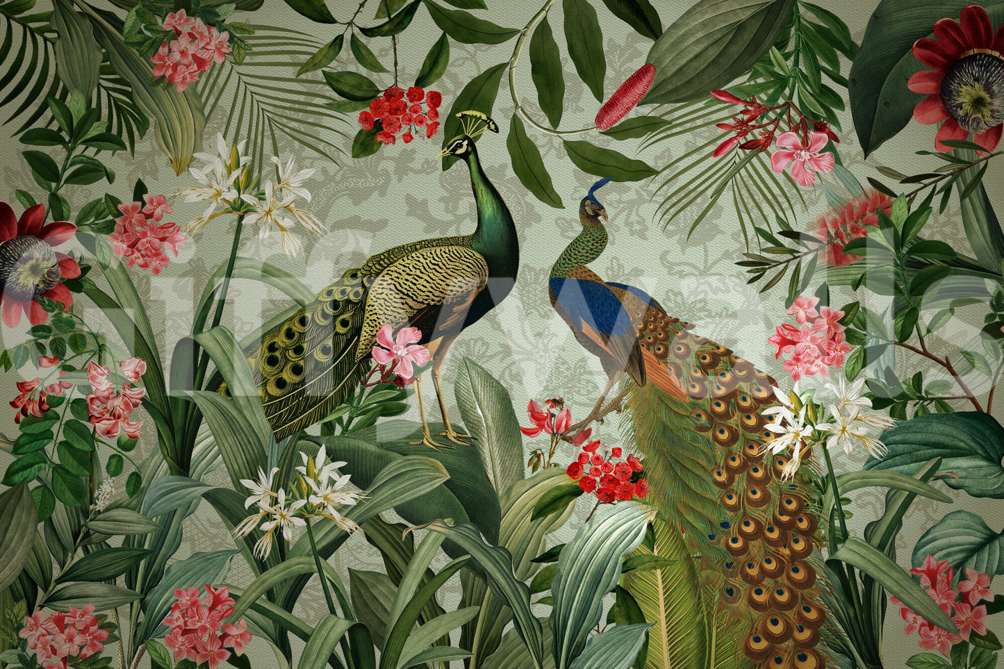 Wallpaper featuring lush foliage and birds