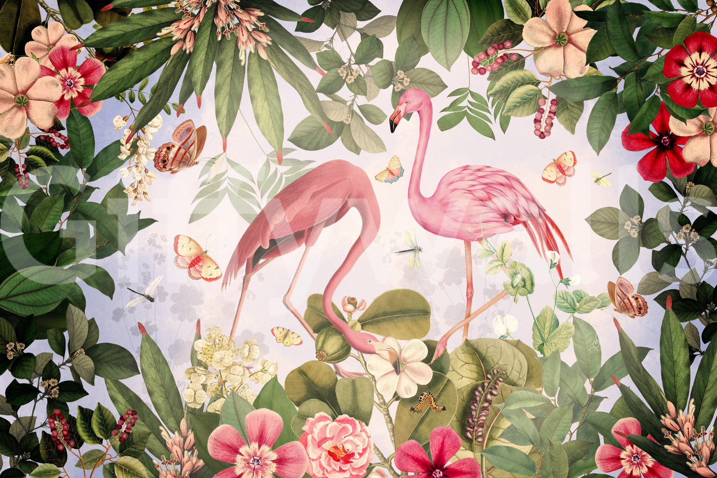 Wallpaper with lush green foliage and flamingos