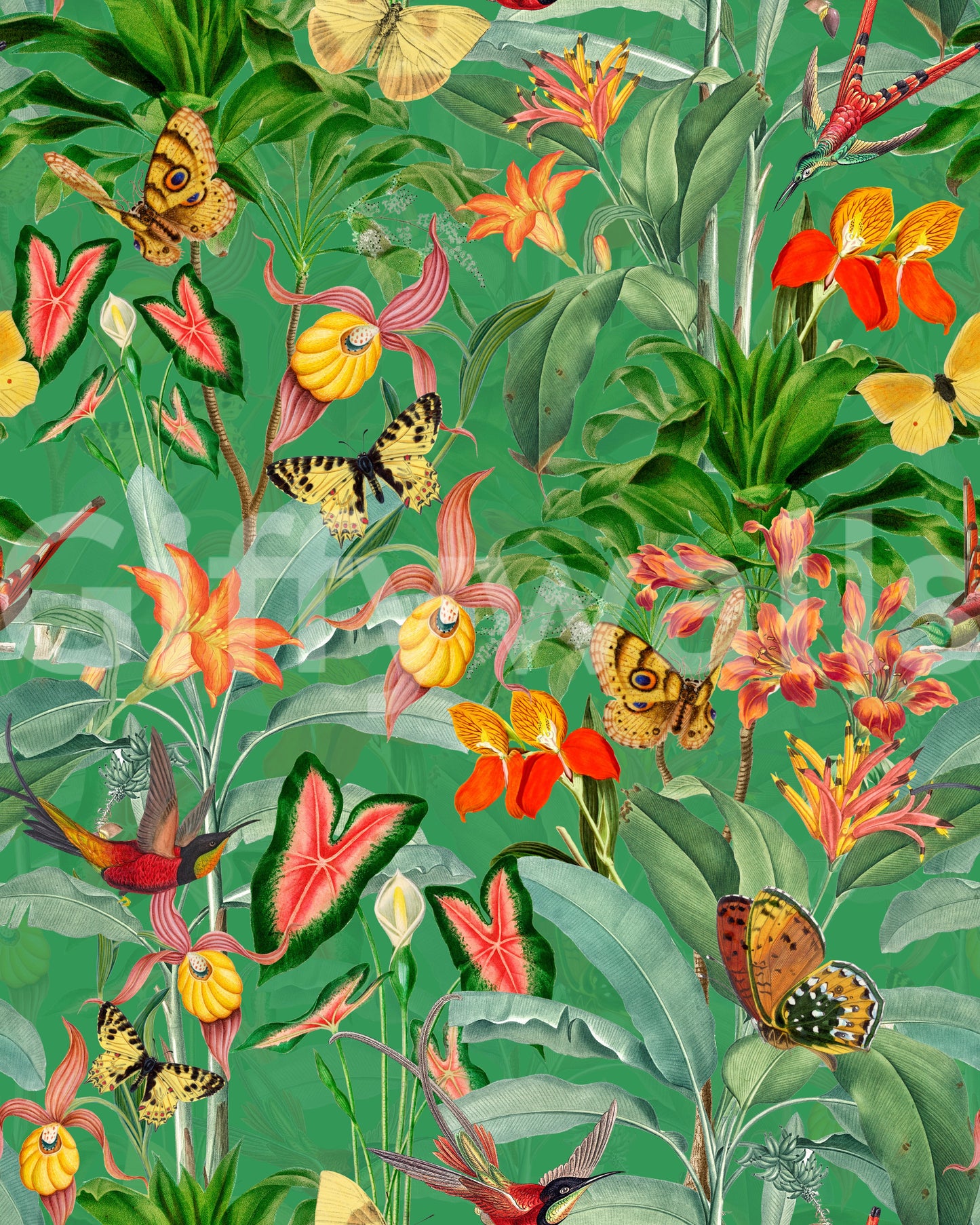 Tropical botanical wallpaper with vibrant green hues and floral details