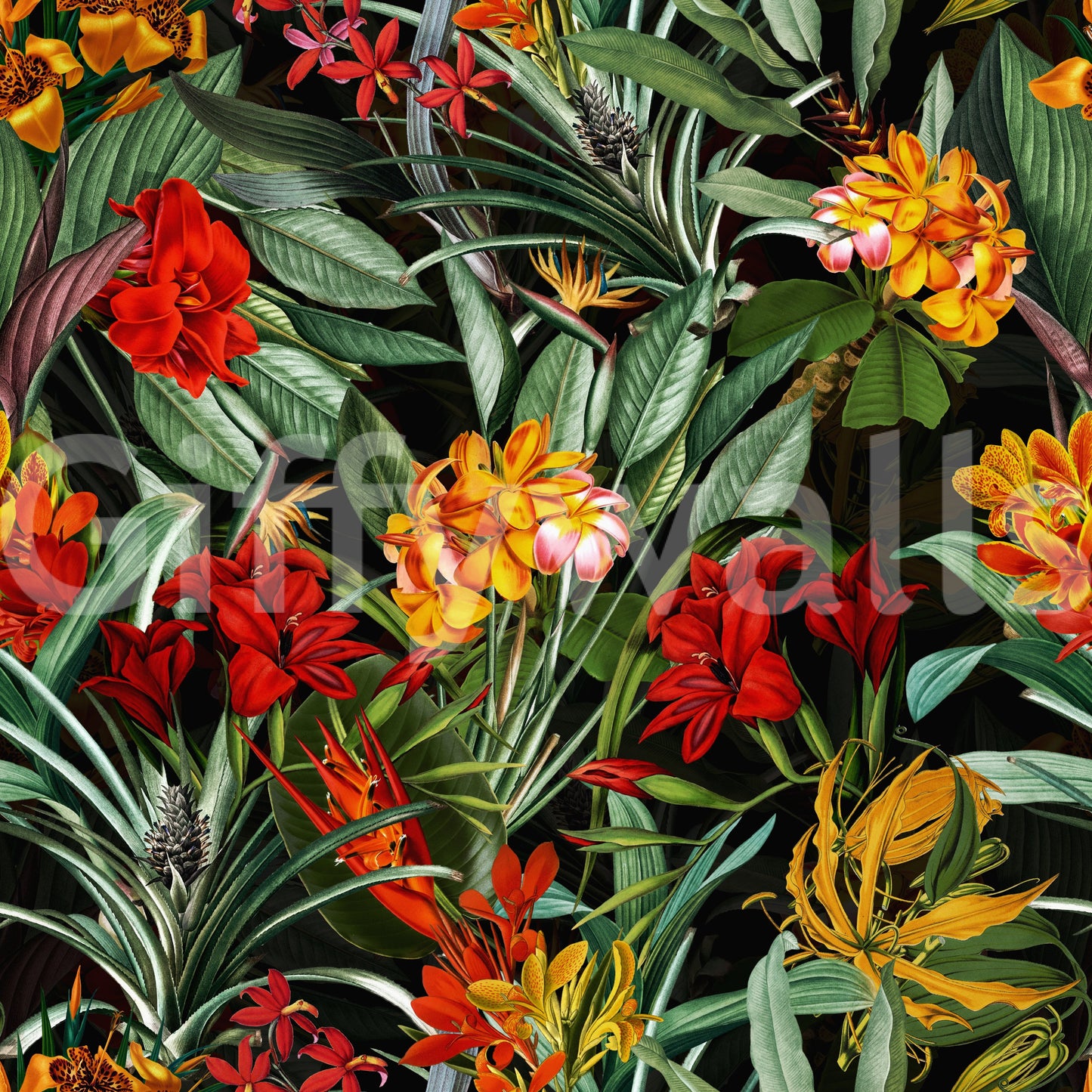 Dark floral wallpaper mural with intricate blooms and moody tones.