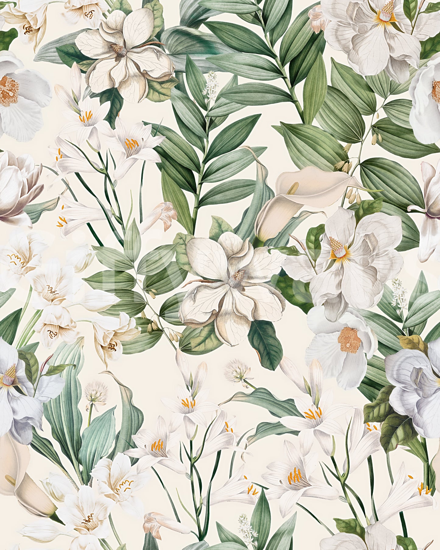 Floral wall mural featuring white flowers and delicate leaves.
