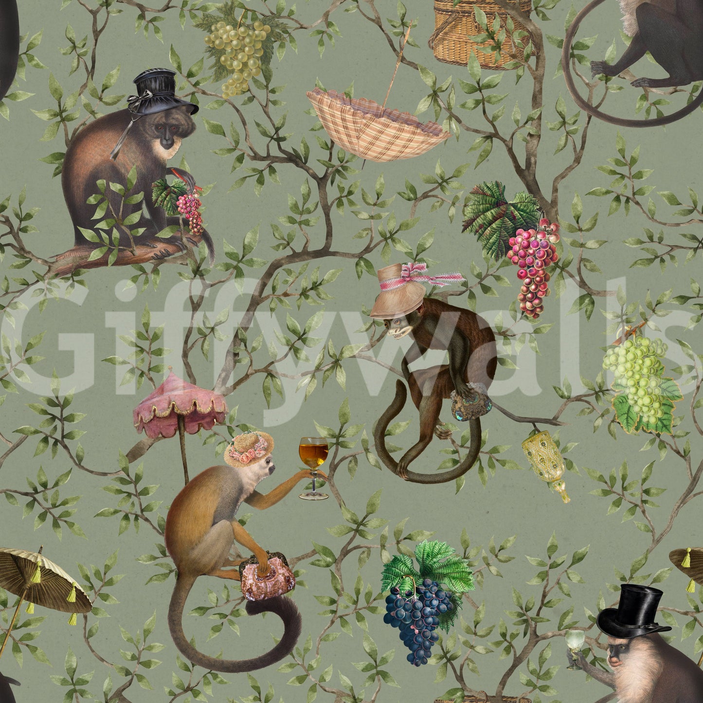 Monkeys in the Vineyard Wallpaper with a playful yet sophisticated charm.