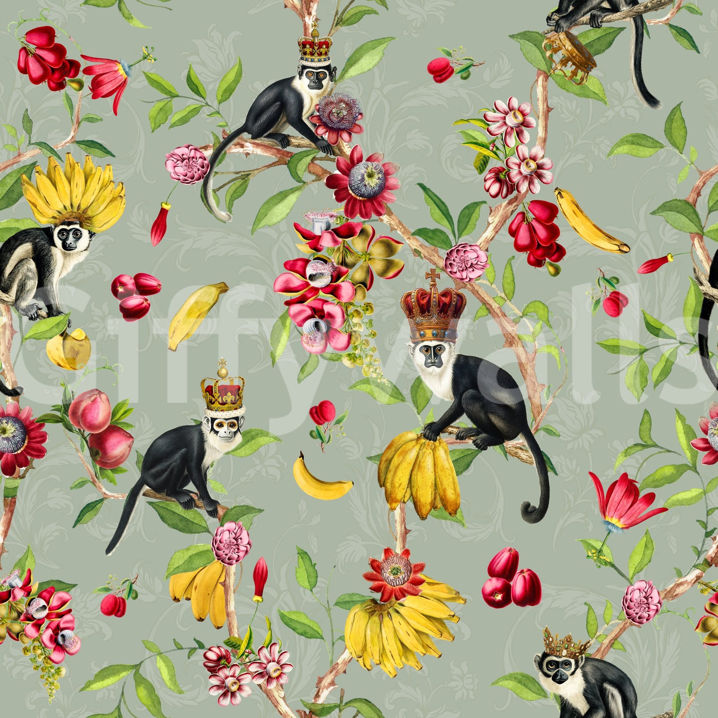 Tropical butterfly mural with delicate monarchs among vibrant plants.