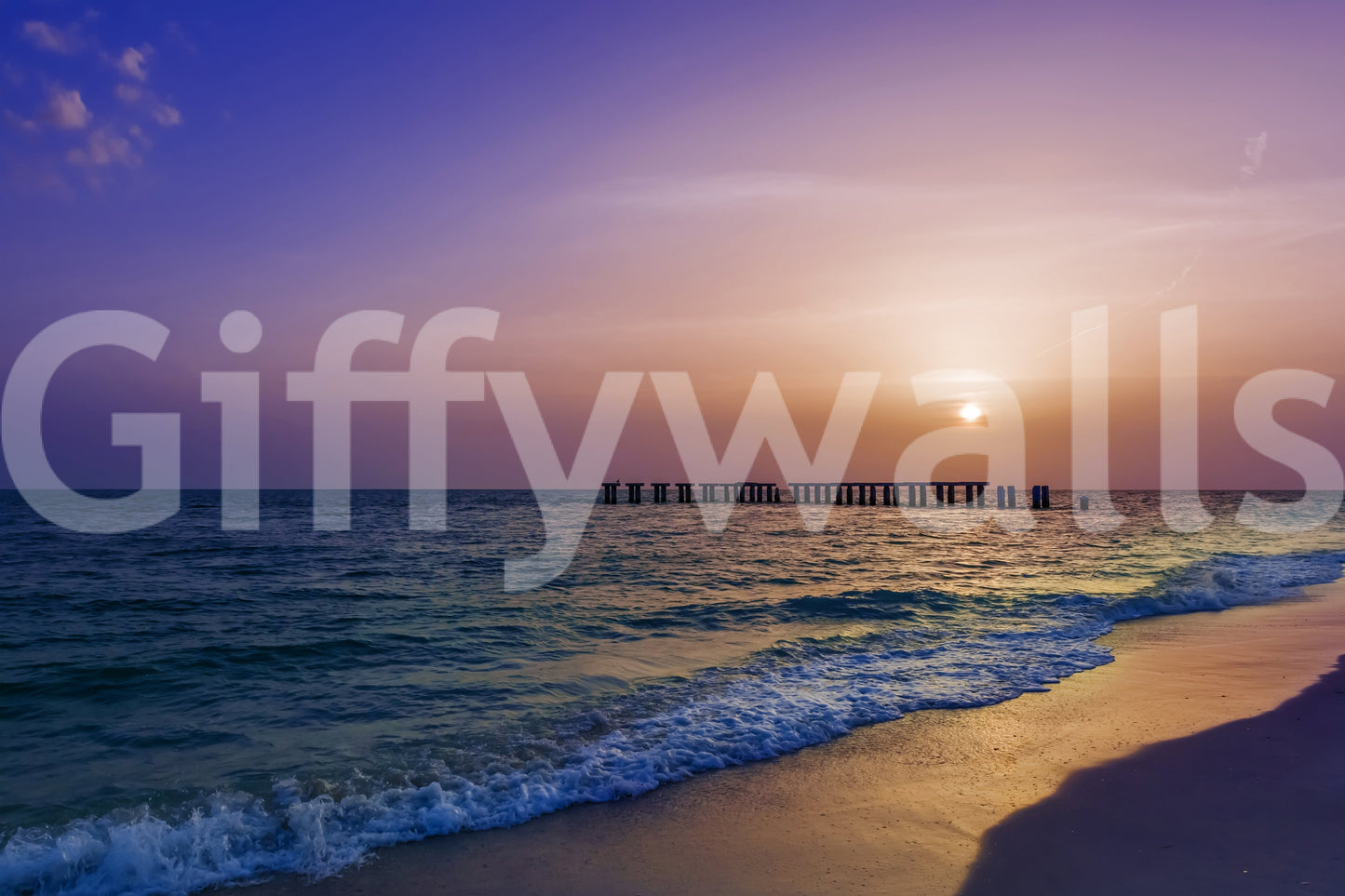 Relaxing coastal wall mural with evening sky