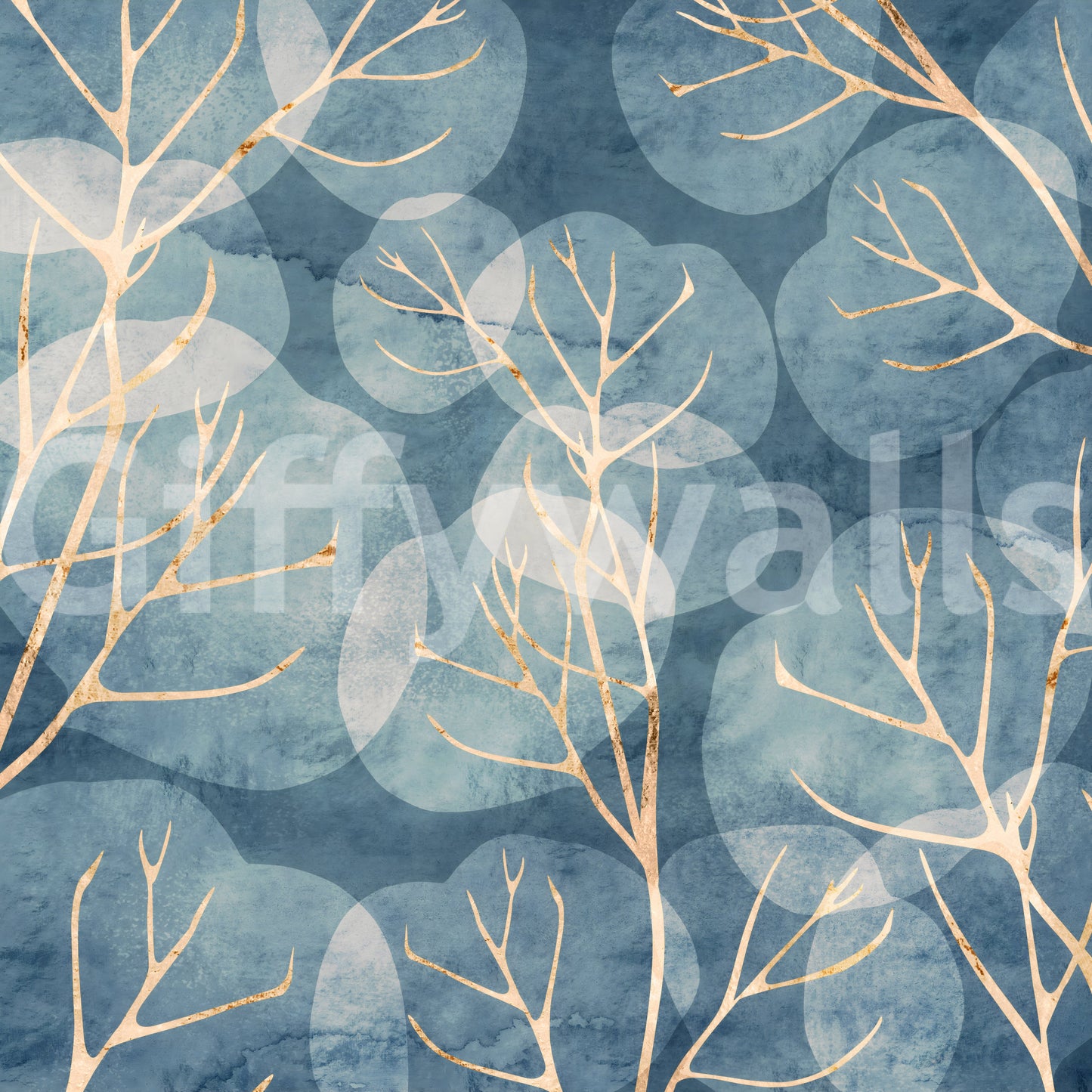 Peaceful winter leaf mural with blue cyanotype tones for serenity.