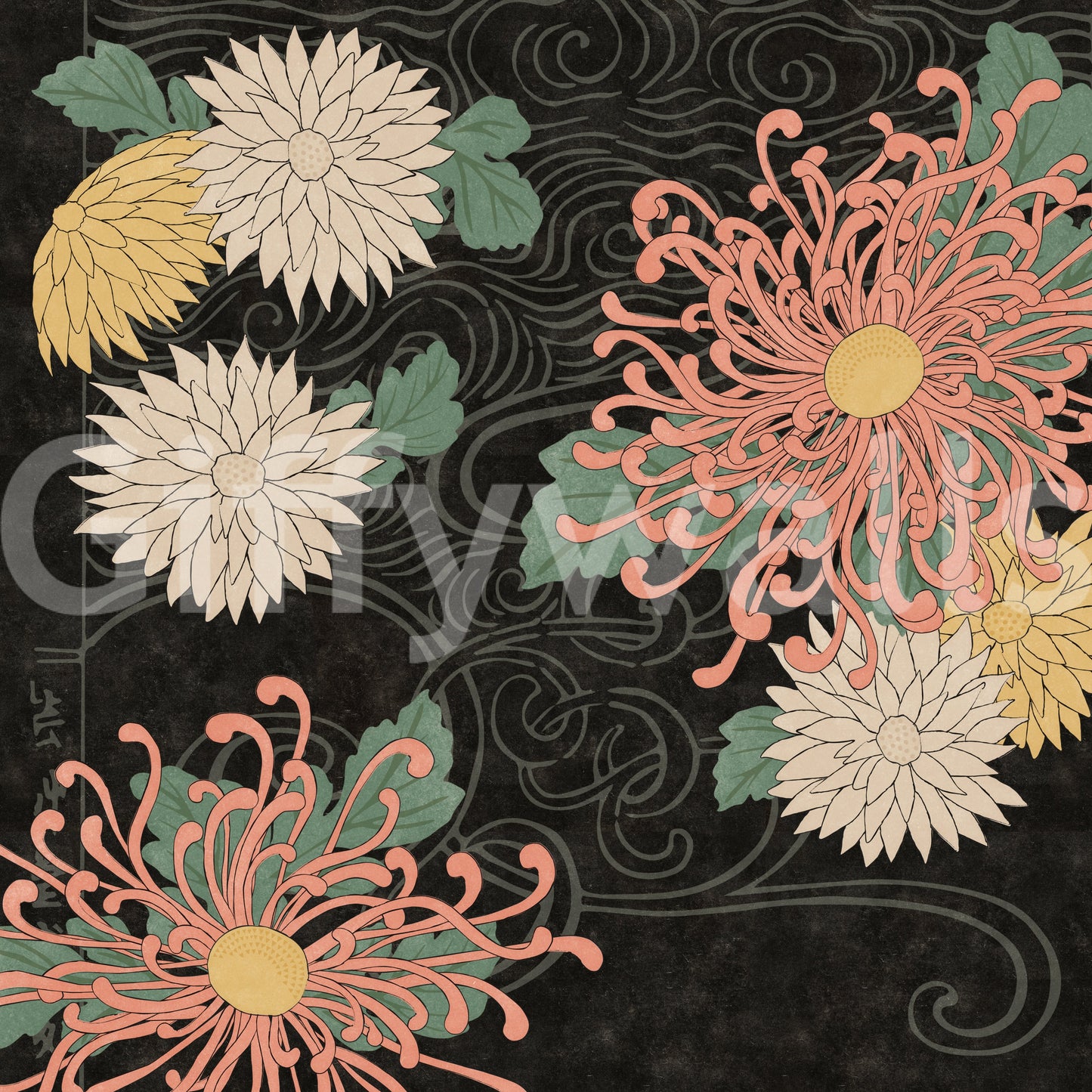 Beautiful floral print wall mural with chrysanthemums in dark hues.